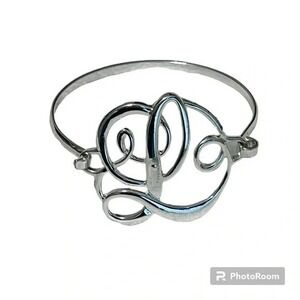 Silver Tone Cursive Monogram L Statement Bangle Bracelet